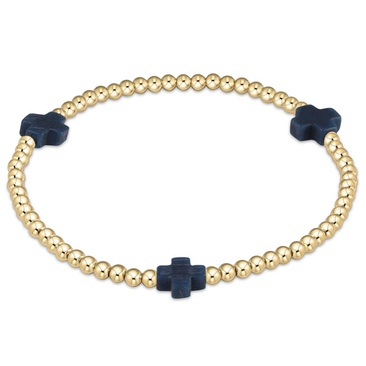 signature cross gold pattern 3mm bead bracelet | navy