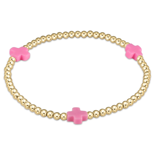 Signature Cross Gold Pattern 3mm Bead Bracelet | Bright Pink