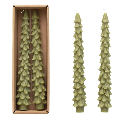 S/2 10” Unscented Tree Shaped Taper Candles - Cedar Green w/ Gold