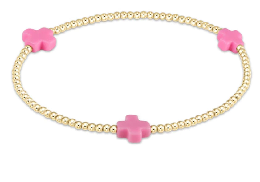 Signature Cross Gold Pattern 2mm Bead Bracelet | Bright Pink