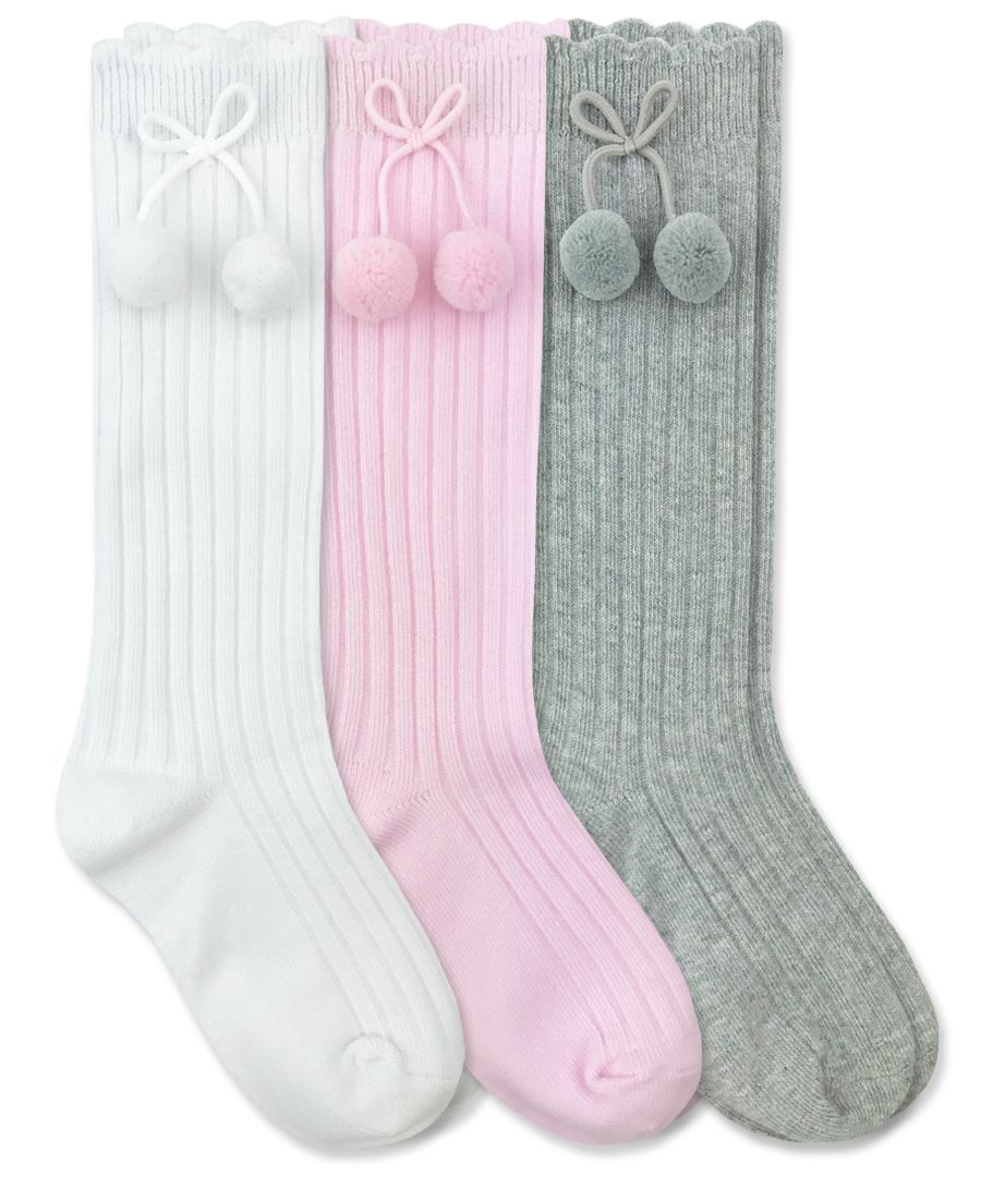 Pom Pom Knee High Socks | White