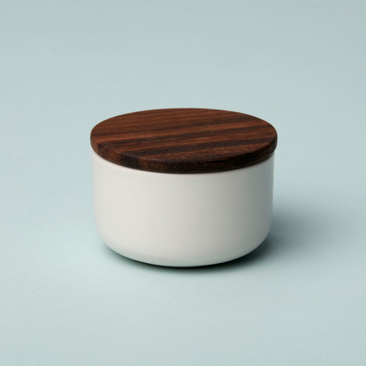 White Stoneware & Acacia Wood Canister